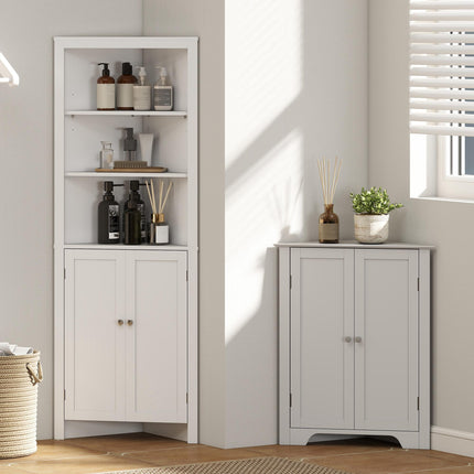 Triangle Corner Bathroom Cabinet with Cupboard and 3-Tier Shelves - White