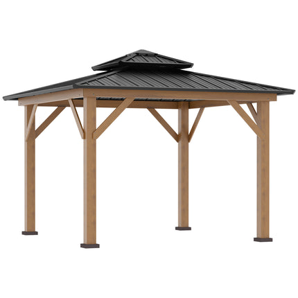 3.5 x 3.5m Outdoor Aluminium Hardtop Gazebo with 2-Tier Roof and Solid Wood Frame - Black