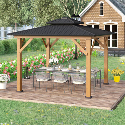 3.5 x 3.5m Outdoor Aluminium Hardtop Gazebo with 2-Tier Roof and Solid Wood Frame - Black