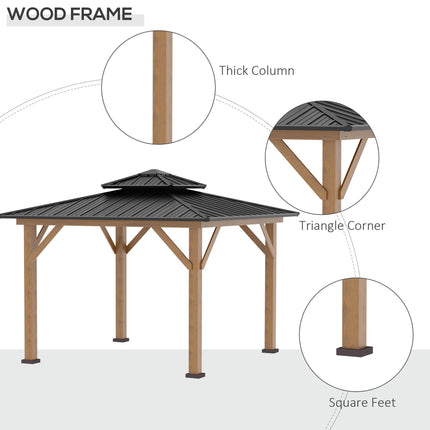 3.5 x 3.5m Outdoor Aluminium Hardtop Gazebo with 2-Tier Roof and Solid Wood Frame - Black