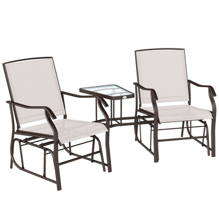2 Piece Garden Double Glider Rocking Chair Set with Glass Table - Beige
