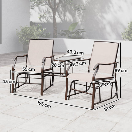 2 Piece Garden Double Glider Rocking Chair Set with Glass Table - Beige