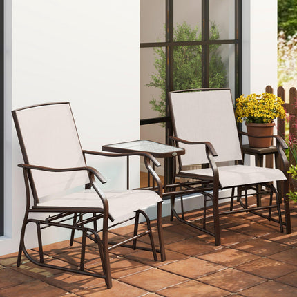 2 Piece Garden Double Glider Rocking Chair Set with Glass Table - Beige