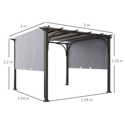 3 x 3 Metre Retractable Garden Pergola with Adjustable Canopy - Grey