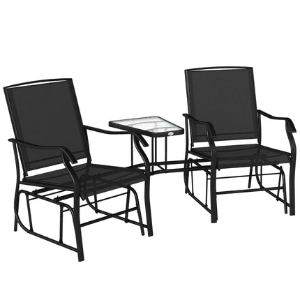 2 Piece Garden Double Glider Rocking Chair Set with Glass Table - Black Mesh