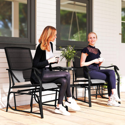 2 Piece Garden Double Glider Rocking Chair Set with Glass Table - Black Mesh