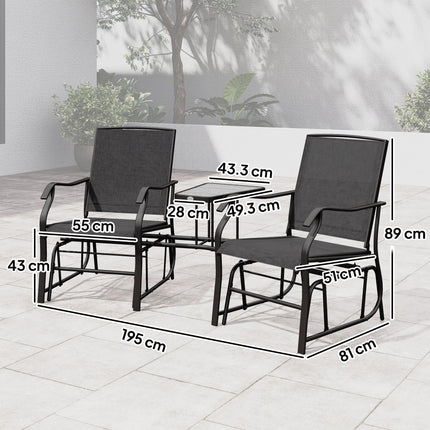 2 Piece Garden Double Glider Rocking Chair Set with Glass Table - Black Mesh