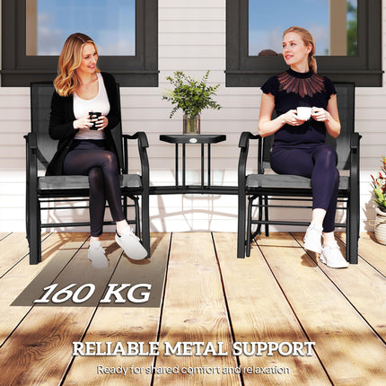 2 Piece Garden Double Glider Rocking Chair Set with Glass Table - Black Mesh