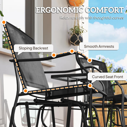 2 Piece Garden Double Glider Rocking Chair Set with Glass Table - Black Mesh