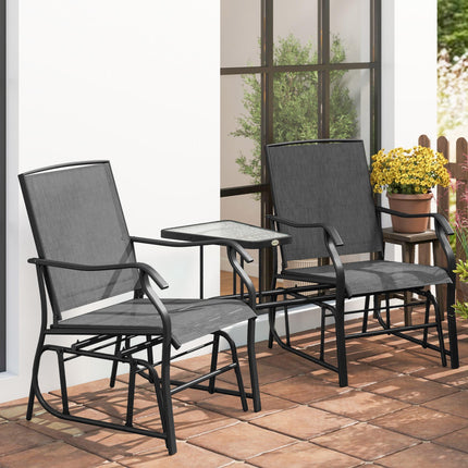2 Piece Garden Double Glider Rocking Chair Set with Glass Table - Black Mesh