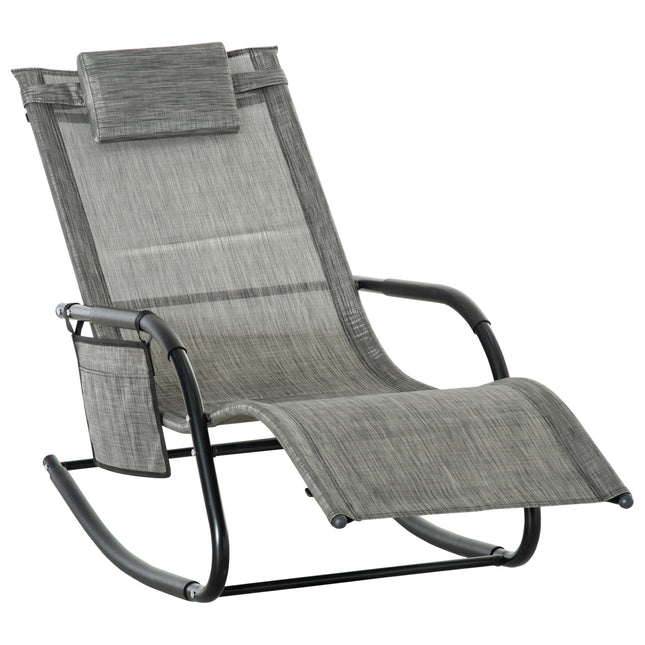 Breathable Mesh Patio Rocking Chair with Removable Headrest and Side Pocket - Dark Grey