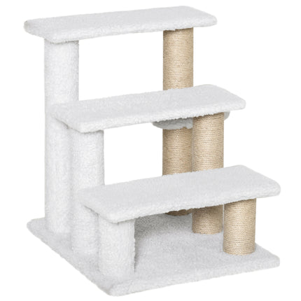 3-Step Pet Stair with Scratching Posts, Platforms & Toy Ball for Elderly Cats & Kittens - White
