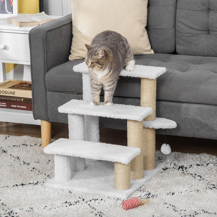 3-Step Pet Stair with Scratching Posts, Platforms & Toy Ball for Elderly Cats & Kittens - White
