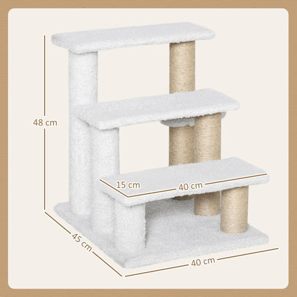 3-Step Pet Stair with Scratching Posts, Platforms & Toy Ball for Elderly Cats & Kittens - White