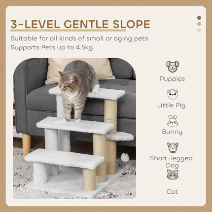 3-Step Pet Stair with Scratching Posts, Platforms & Toy Ball for Elderly Cats & Kittens - White