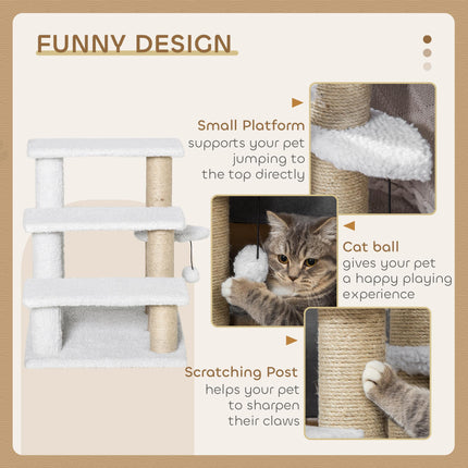 3-Step Pet Stair with Scratching Posts, Platforms & Toy Ball for Elderly Cats & Kittens - White