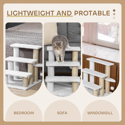 3-Step Pet Stair with Scratching Posts, Platforms & Toy Ball for Elderly Cats & Kittens - White