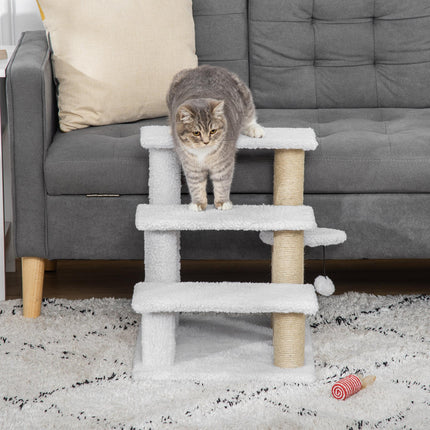 3-Step Pet Stair with Scratching Posts, Platforms & Toy Ball for Elderly Cats & Kittens - White