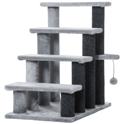 4-Step Pet Stairs with Scratching Posts, Platforms & Toy Ball - Grey