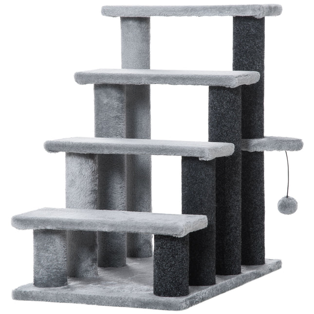 4-Step Pet Stairs with Scratching Posts, Platforms & Toy Ball - Grey