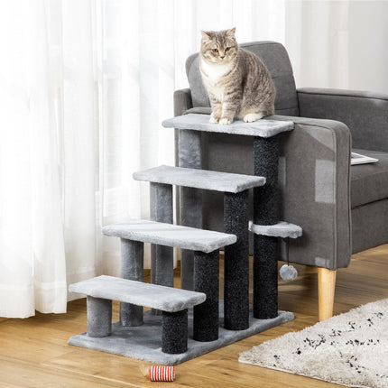 4-Step Pet Stairs with Scratching Posts, Platforms & Toy Ball - Grey