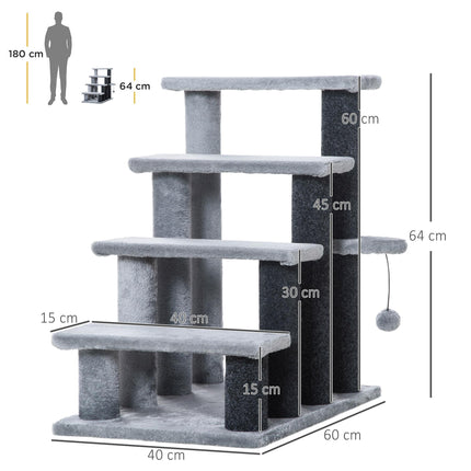 4-Step Pet Stairs with Scratching Posts, Platforms & Toy Ball - Grey