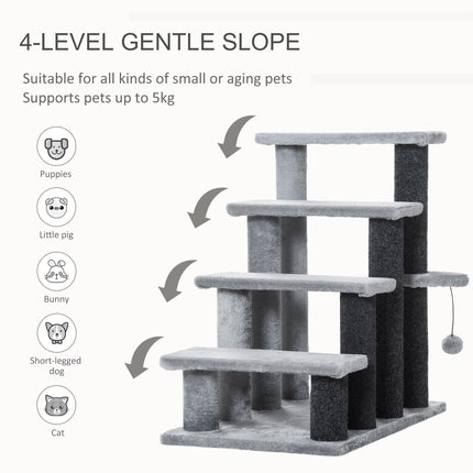 4-Step Pet Stairs with Scratching Posts, Platforms & Toy Ball - Grey