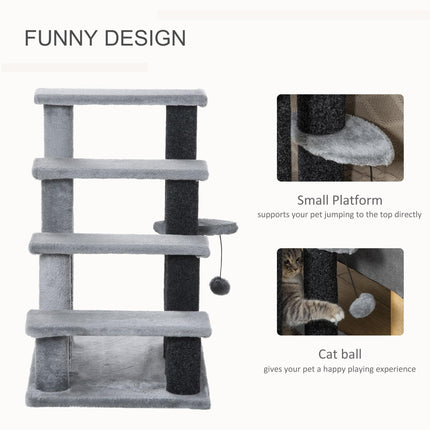 4-Step Pet Stairs with Scratching Posts, Platforms & Toy Ball - Grey