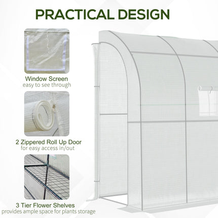 Walk-In Lean-To Polytunnel Greenhouse with Shelves - White