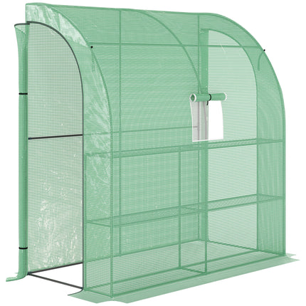 Lean To Greenhouse 2 Tier 4 Shelves with Windows and Doors - Green