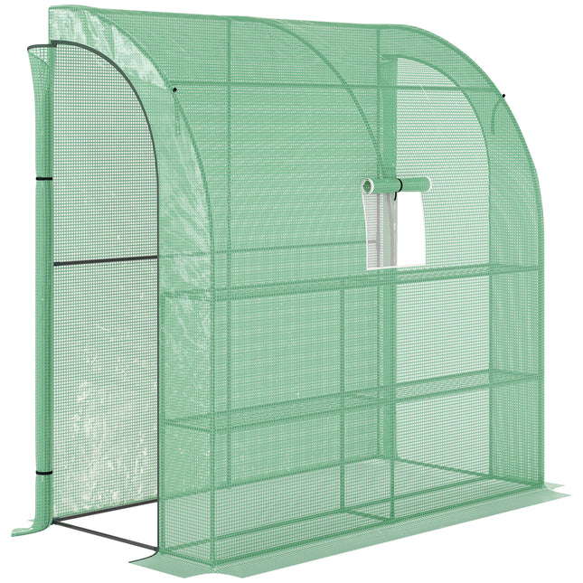 Lean To Greenhouse 2 Tier 4 Shelves with Windows and Doors - Green