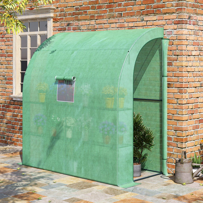 Lean To Greenhouse 2 Tier 4 Shelves with Windows and Doors - Green