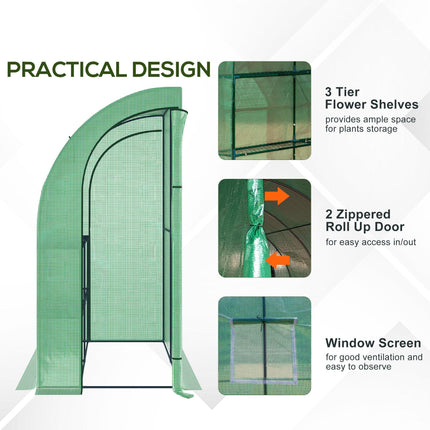 Lean To Greenhouse 2 Tier 4 Shelves with Windows and Doors - Green
