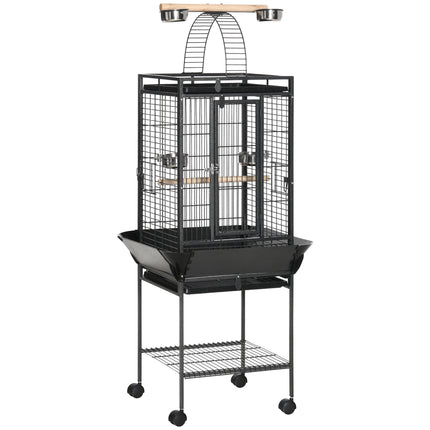 156cm Bird Cage,Large Parrot Cage with Open Play Top, Perch, Seed Guard, Wheels, Storage Shelf, Dark Grey