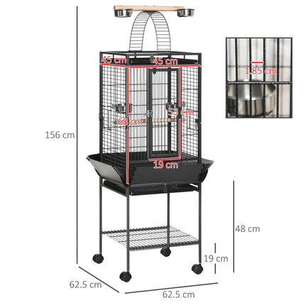 156cm Bird Cage,Large Parrot Cage with Open Play Top, Perch, Seed Guard, Wheels, Storage Shelf, Dark Grey