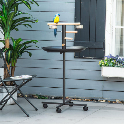 Metal Bird Table Play Stand with Four Wheels, Feeding Bowls & Round Tray - Grey