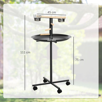 Metal Bird Table Play Stand with Four Wheels, Feeding Bowls & Round Tray - Grey