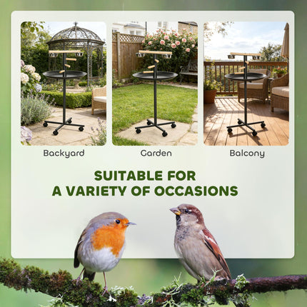 Metal Bird Table Play Stand with Four Wheels, Feeding Bowls & Round Tray - Grey