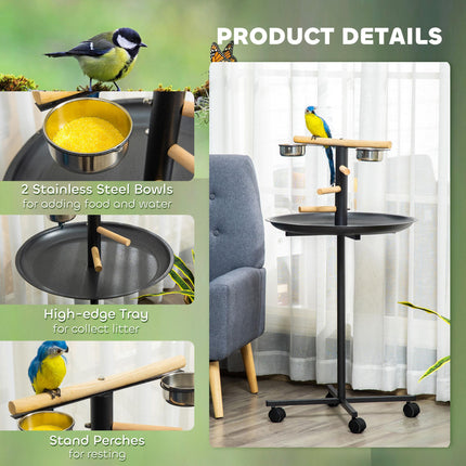 Metal Bird Table Play Stand with Four Wheels, Feeding Bowls & Round Tray - Grey