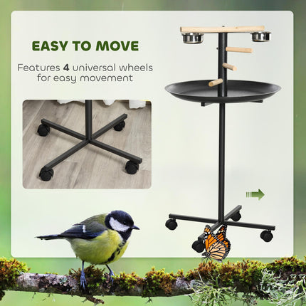 Metal Bird Table Play Stand with Four Wheels, Feeding Bowls & Round Tray - Grey