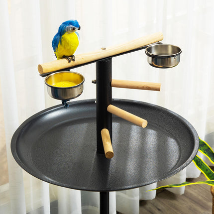 Metal Bird Table Play Stand with Four Wheels, Feeding Bowls & Round Tray - Grey