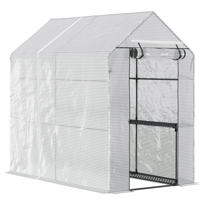 Walk-In Garden Greenhouse with 2 Shelves and PE Cover - White