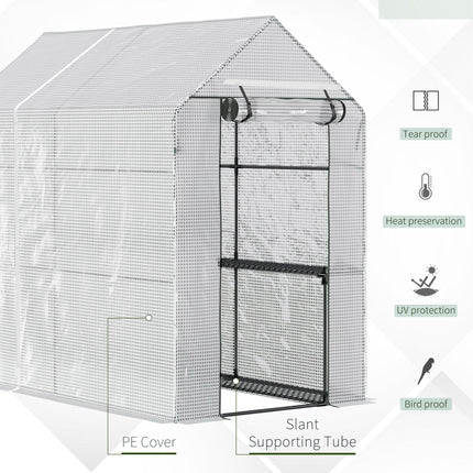 Walk-In Garden Greenhouse with 2 Shelves and PE Cover - White