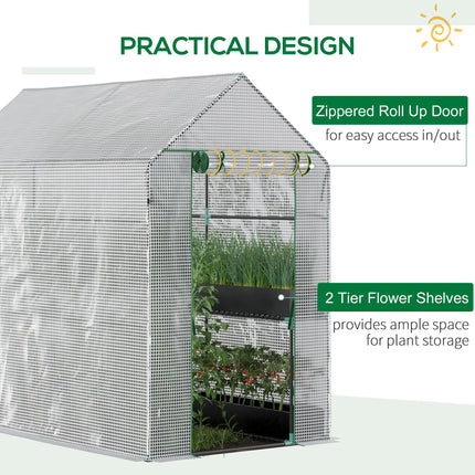 Walk-In Garden Greenhouse with 2 Shelves and PE Cover - White