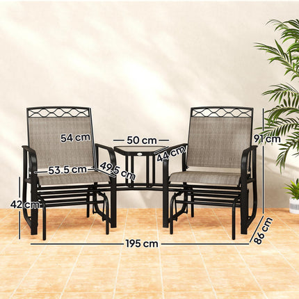 2 Seater Outdoor Glider Chair with Tempered Glass Table - Brown Mesh