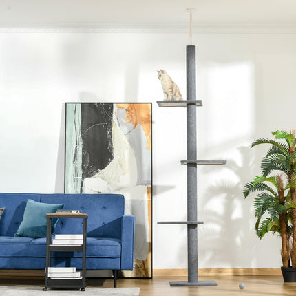 260cm Adjustable Floor-to-Ceiling Cat Tree with 4 Perches and Scratching Posts - Grey