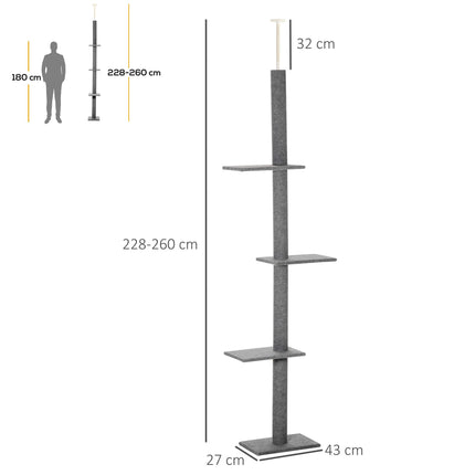 260cm Adjustable Floor-to-Ceiling Cat Tree with 4 Perches and Scratching Posts - Grey