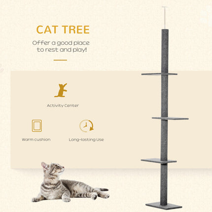 260cm Adjustable Floor-to-Ceiling Cat Tree with 4 Perches and Scratching Posts - Grey