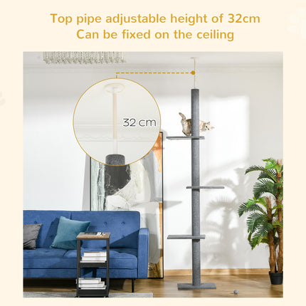 260cm Adjustable Floor-to-Ceiling Cat Tree with 4 Perches and Scratching Posts - Grey