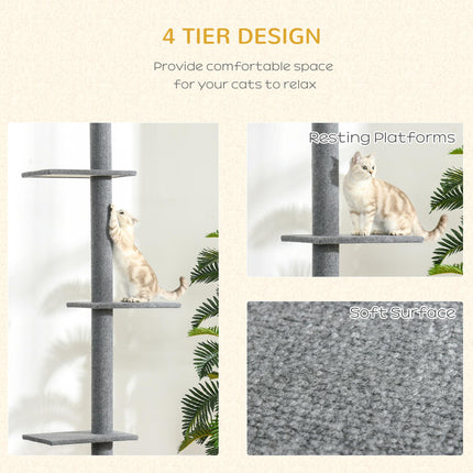 260cm Adjustable Floor-to-Ceiling Cat Tree with 4 Perches and Scratching Posts - Grey